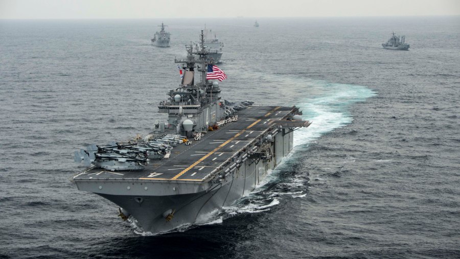 In this handout photo provided by the U.S. Navy, the amphibious assault ship USS Boxer (LHD 4) transits the East Sea on March 8, 2016 during Exercise Ssang Yong 2016. (Credit: MCSN Craig Z. Rodarte/U.S. Navy via Getty Images)