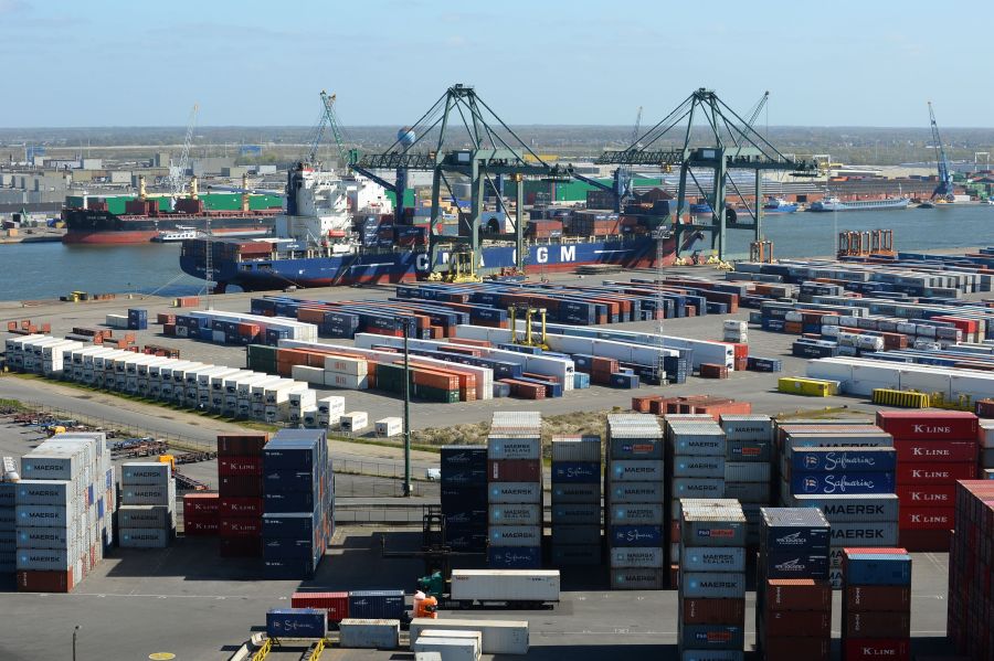 A picture taken on April 20, 2016 shows containers in the Belgian port of Antwerp. (Credit: PIERMONT/AFP/Getty Images)