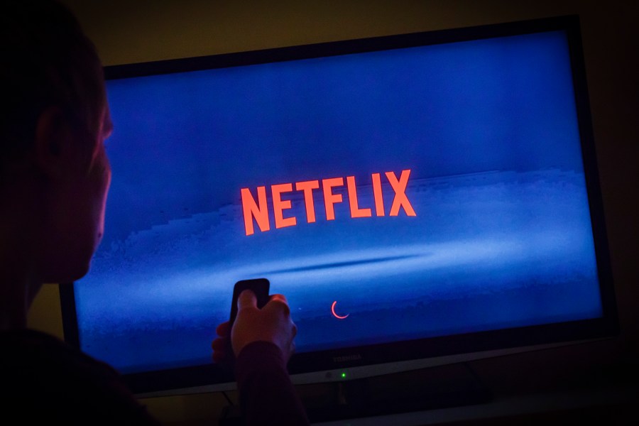 The Netflix logo can be seen on a TV on April 5, 2018. (Thomas Trutschel/Photothek via Getty Images)