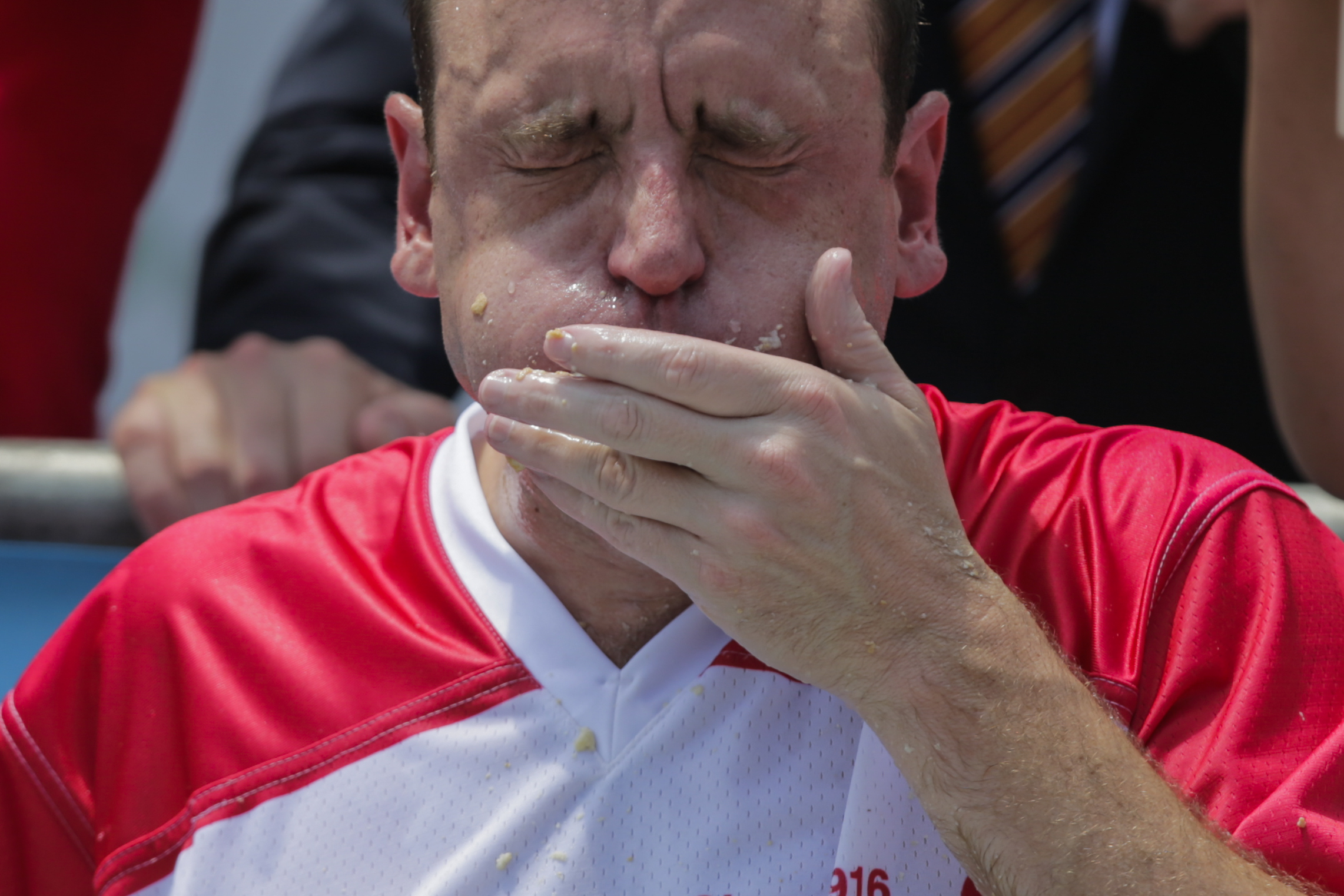 Joey Chestnut competes in the annual Nathan's Hot Dog Eating Contest on July 4, 2018 in the Coney Island neighborhood of the Brooklyn borough of New York City. (Credit: Eduardo Munoz Alvarez/Getty Images)