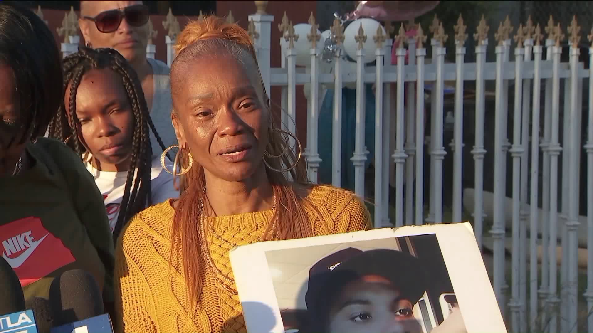 Vanessa Hawkins speaks at a vigil for her daughter, Micquel, who was shot and killed in South L.A. (Credit: KTLA)