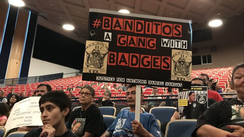 Community members speak out at a town hall in East Los Angeles on July 10, 2019, protesting the L.A. County Sheriff’s Department's handling of the Banditos. (Maya Lau / Los Angeles Times)