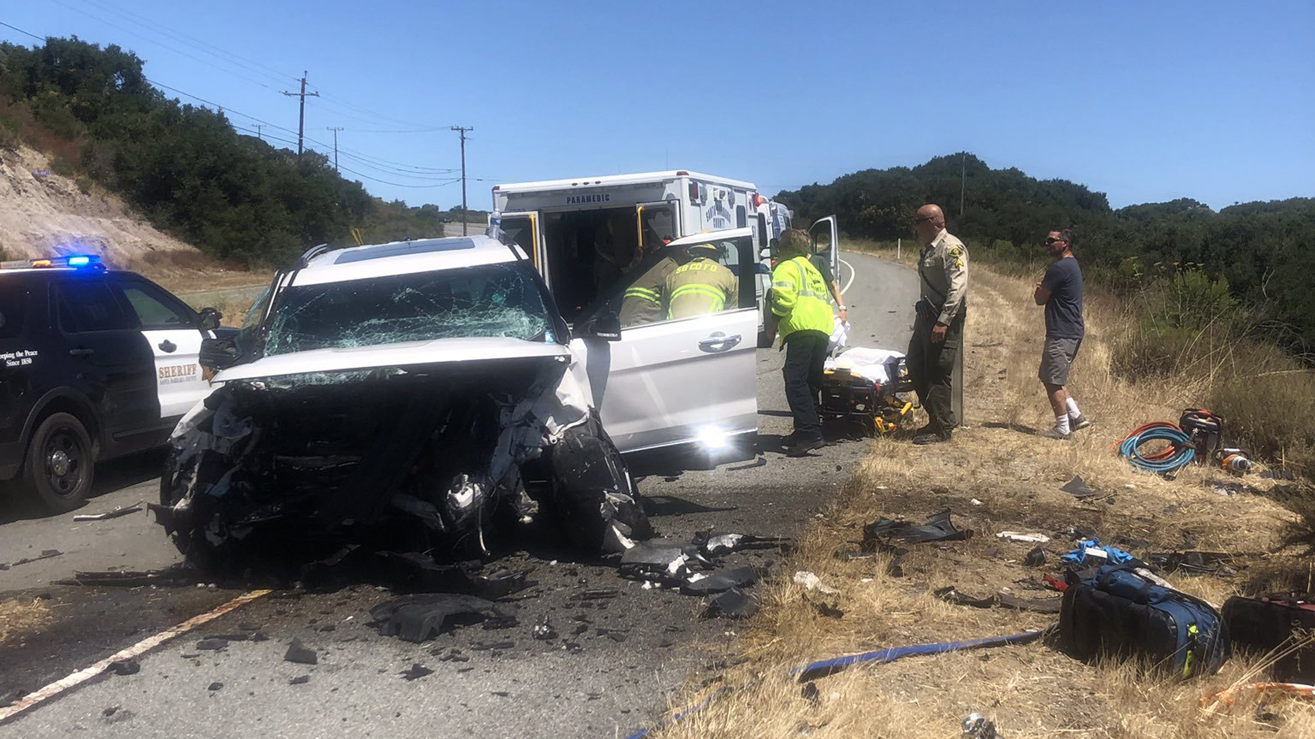 A Ford Explorer is seen badly damaged after a driver slammed into it head-on on Highway 1 in Santa Barbara County on July 26, 2019, in an image released by county fire officials.