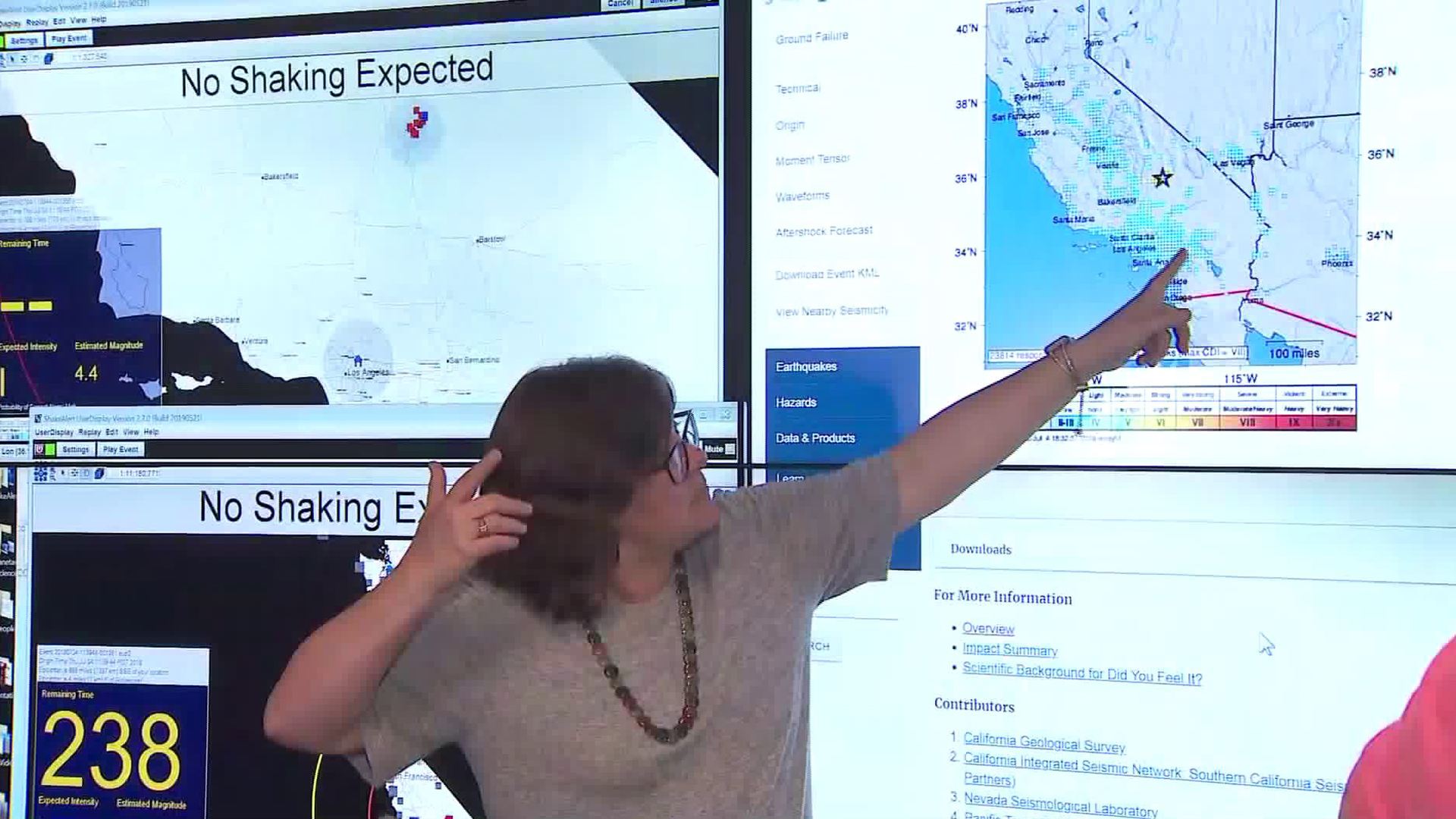 Lucy Jones points to a map of the location of the July 4 earthquake near Ridgecrest at a Caltech news conference about an hour after the temblor. (Credit: KTLA)