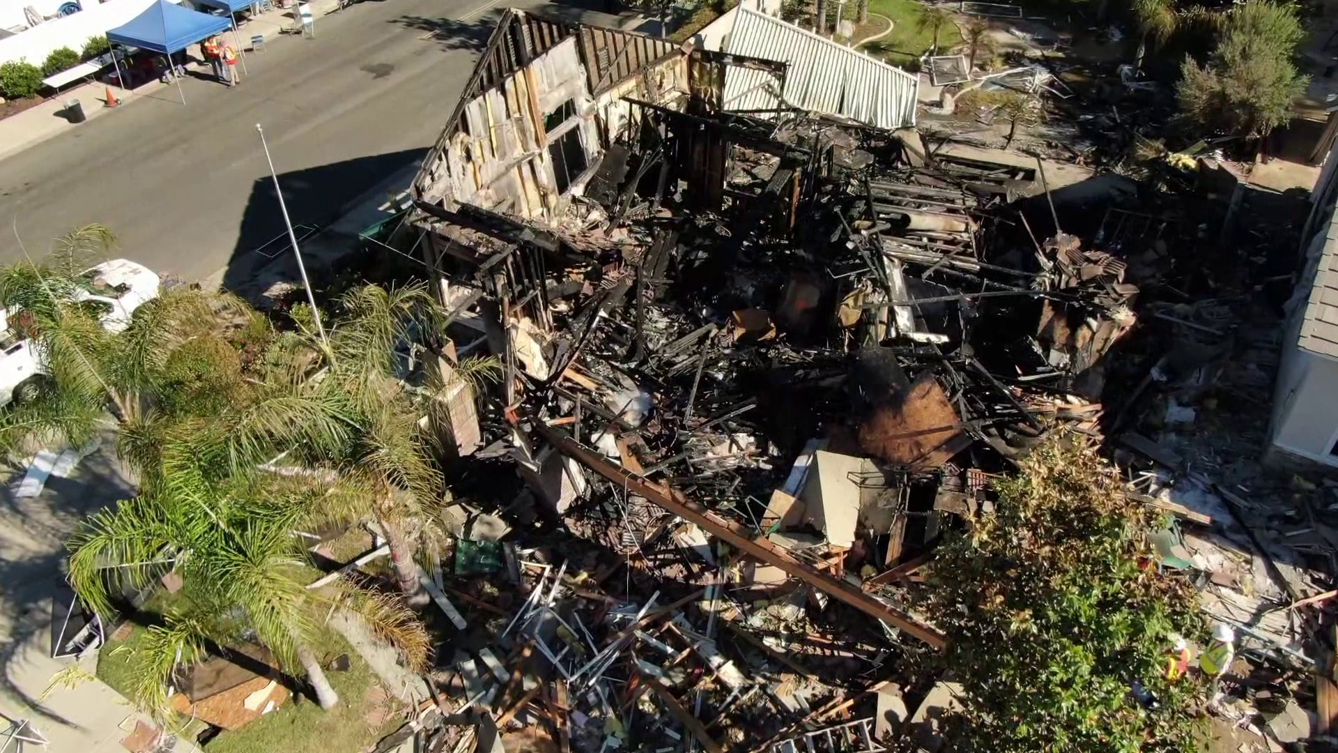 The charred remains of a home destroyed in an explosion in Murrieta, as seen from Drone5 on July 16, 2019. (Credit: KTLA)