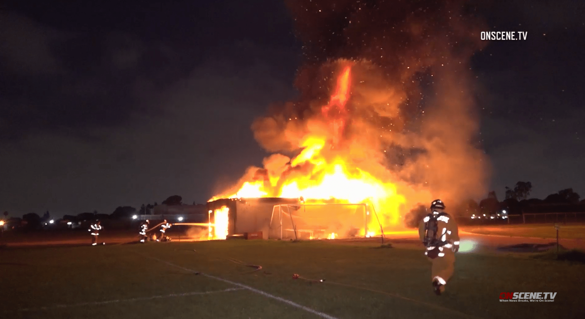 Firefighters battle a fire in an equipment shed at Magnolia High School in Anaheim on July 17, 2019. (Credit: Onscene.tv)