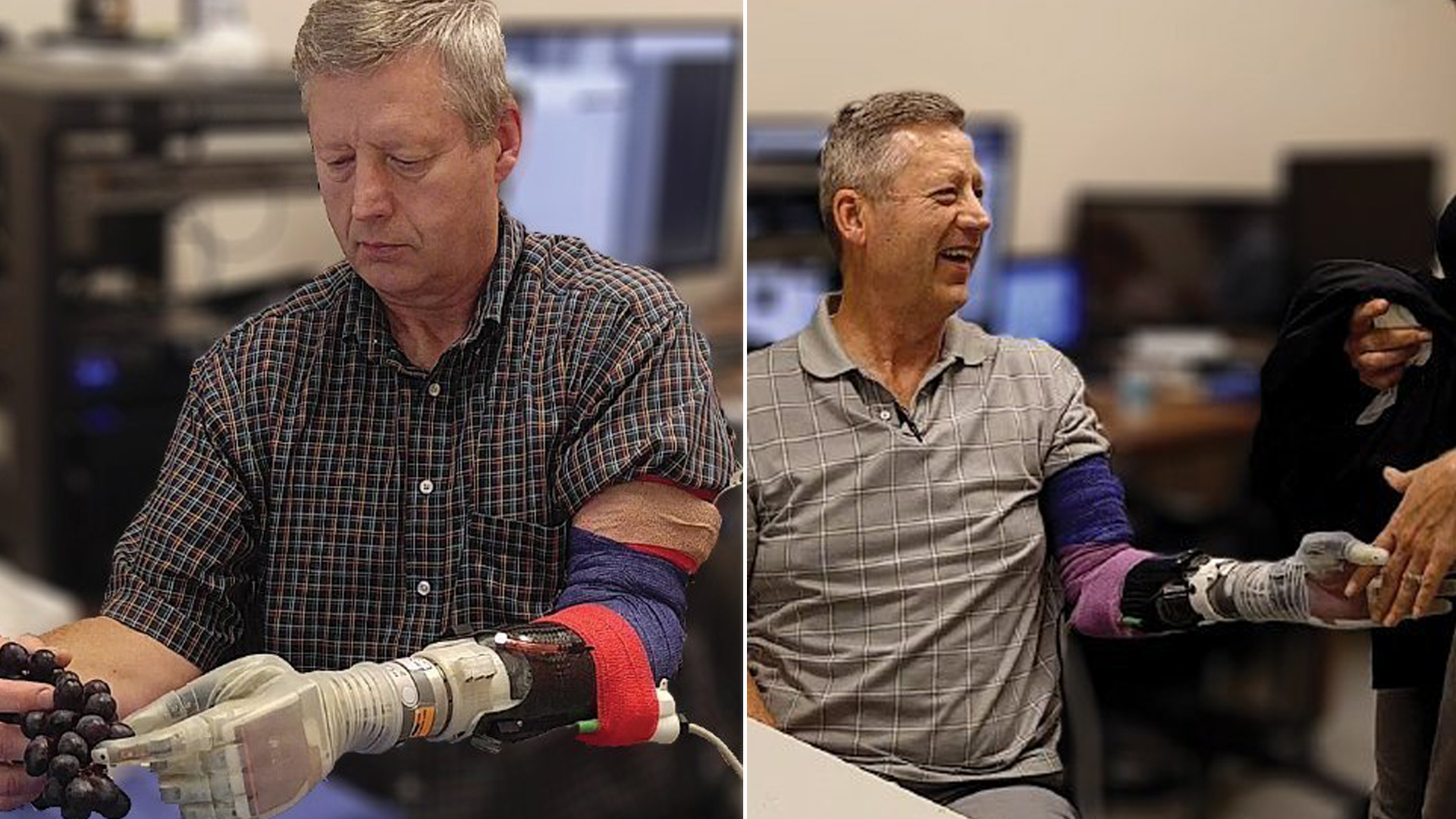 Keven Walgamott picks up grapes and shakes hands with his wife using his prosthetic hand. (Credit: Jacob George/Univ of Utah via CNN)