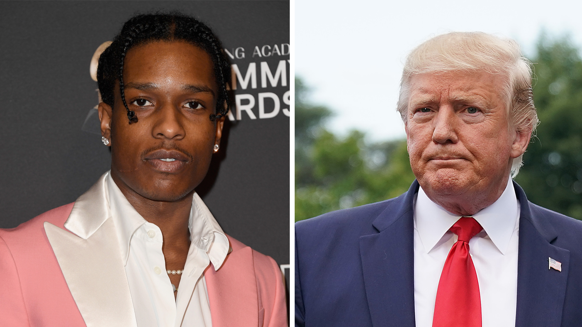 A$AP Rocky is seen at the Beverly Hilton Hotel on Feb. 9, 2019, in Beverly Hills. (Credit: Frazer Harrison/Getty Images for NARAS) and Donald Trump talks to reporters as he departs the White House for a campaign rally on July 17, 2019, in Washington, DC. (Credit: Chip Somodevilla/Getty Images)