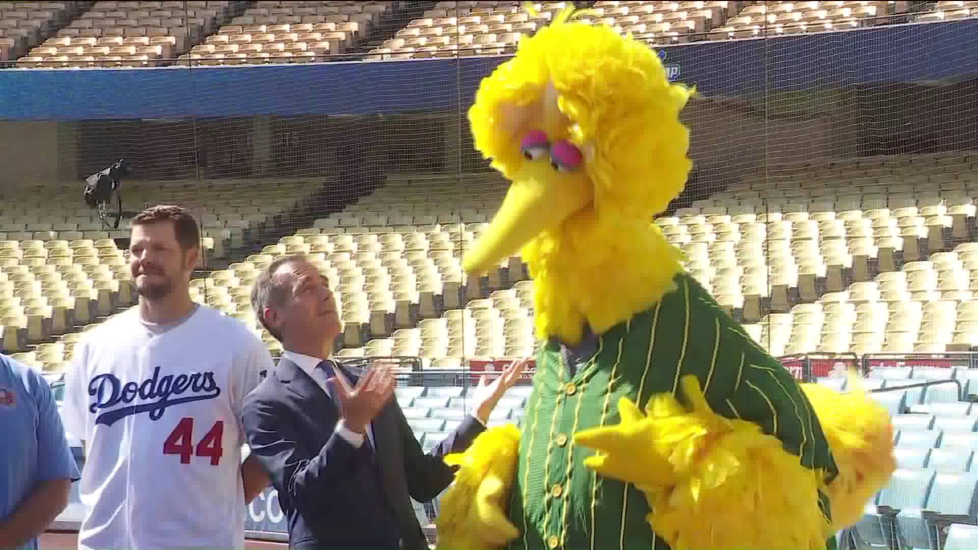 Mayor Eric Garcetti declares August 2nd "Sesame Street Day" with Big Bird at Dodger Stadium. (Credit: KTLA)