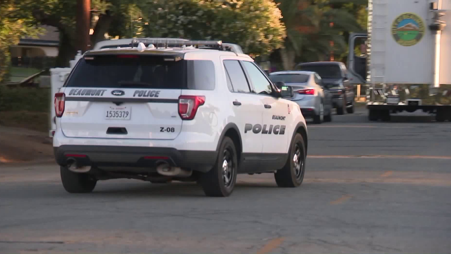 A Beaumont police vehicle is seen on Aug. 10, 2019 near the scene of a deadly shooting in the 600 block of Michigan Avenue. (Credit: KTLA)