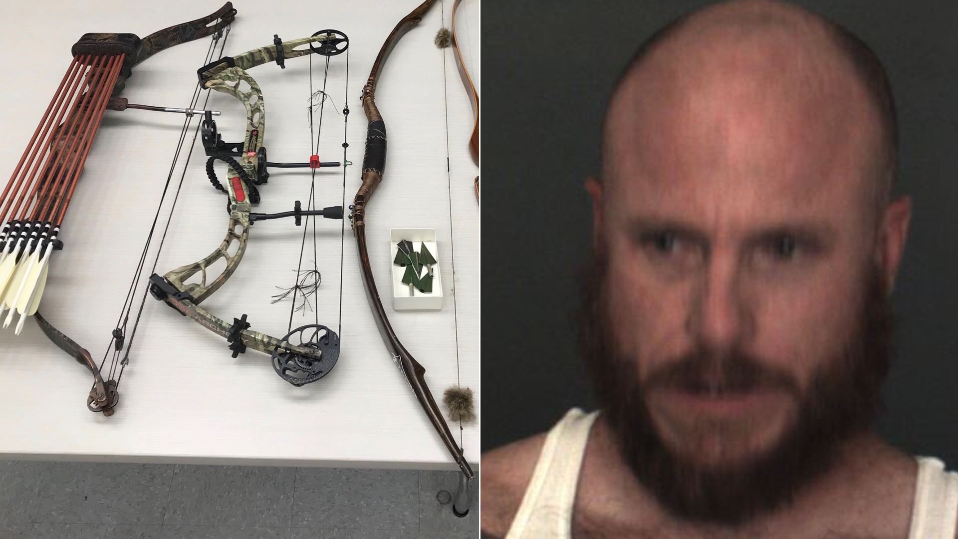 Multiple bows and arrows seized from a Big Bear City residence, and Jathon Frank Musella, appear photos released by the San Bernardino County Sheriff's Department on Aug. 26, 2019.