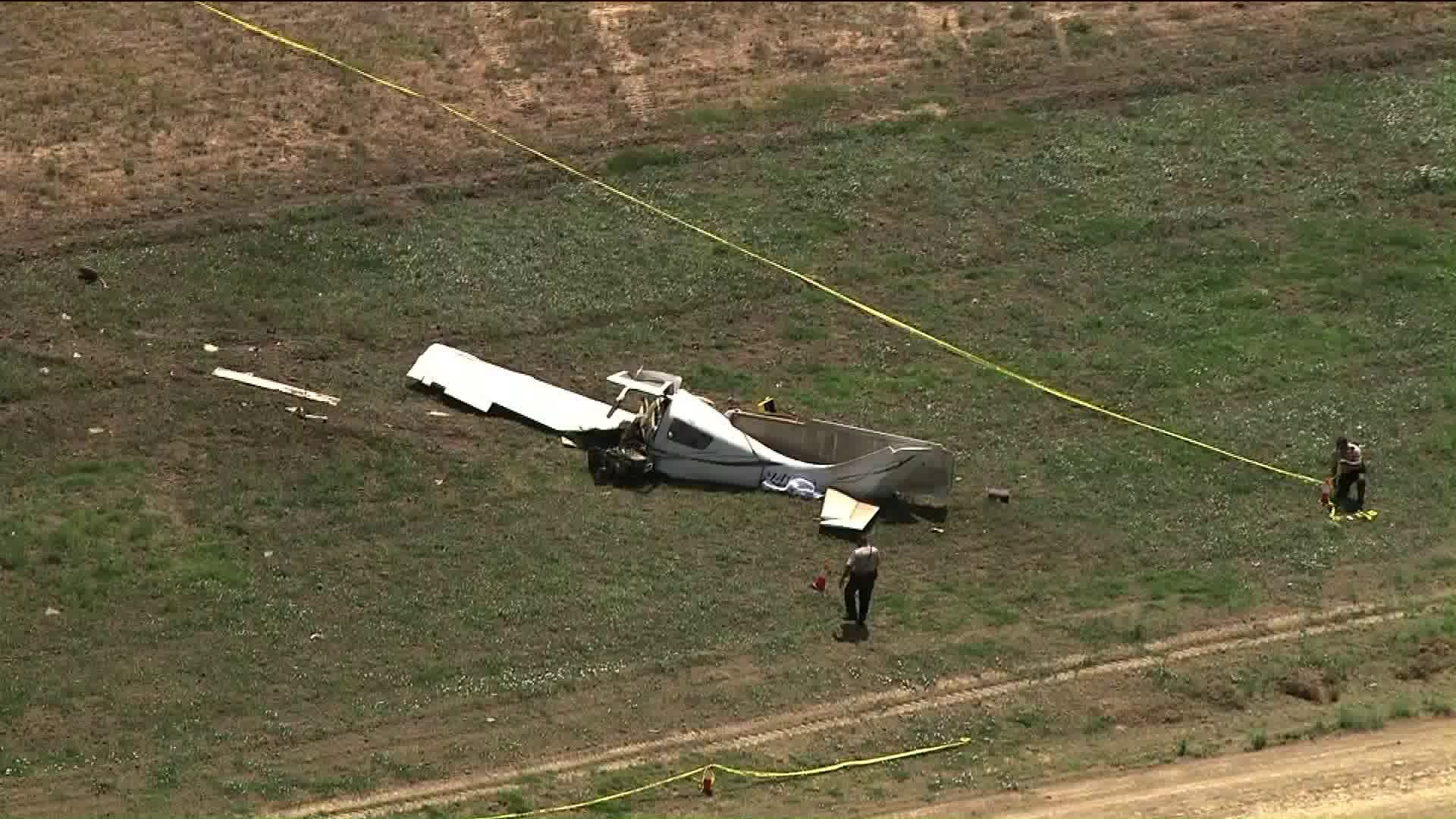 A small plane is seen after crashing in Camarillo on Aug. 7, 2019. (Credit: KTLA)