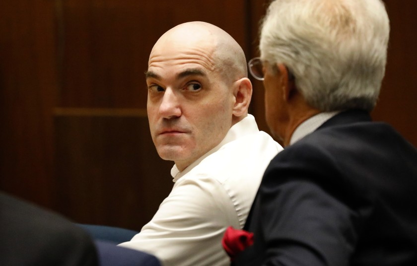 Michael Gargiulo sits with his defense attorney Daniel Nardoni during closing arguments of his murder trial. (Credit: Al Seib/Los Angeles Times)