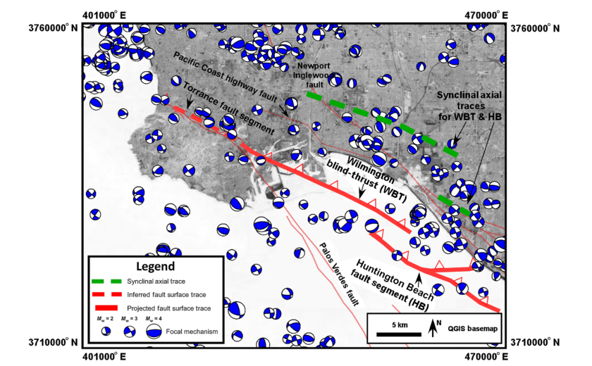 A map shows the Wilmington Fault. (Credit: U.S. Geological Survey via Los Angeles Times)