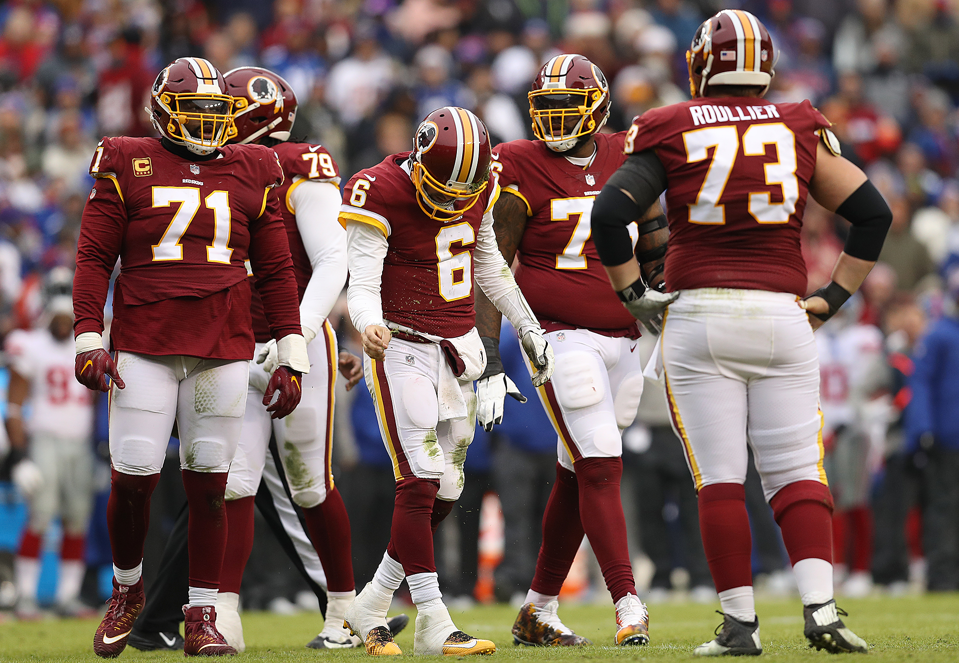 Quarterback Mark Sanchez of the Washington Redskins reacts after a sack in the second quarter against the New York Giants at FedExField on December 9, 2018 in Landover, Maryland. (Credit: Patrick Smith/Getty Images)