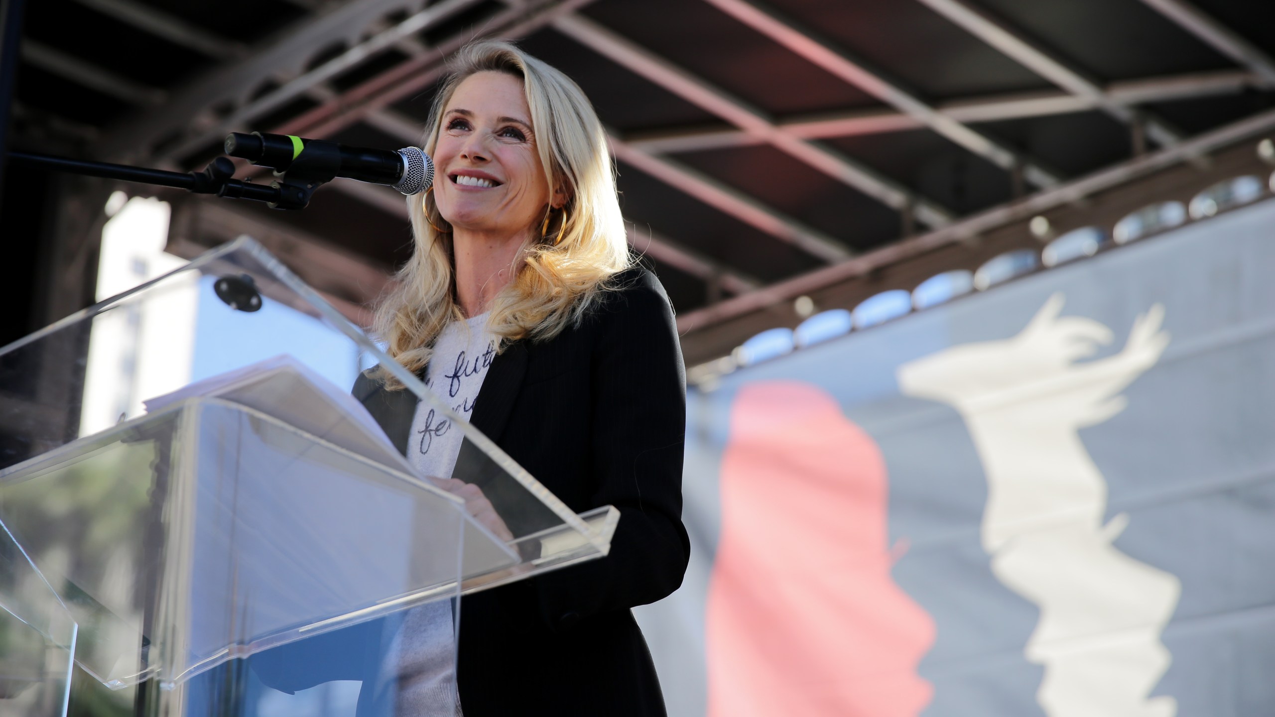 Jennifer Siebel Newsom speaks at the Women's March on Jan. 19, 2019 in Los Angeles. (Credit: Sarah Morris/Getty Images)