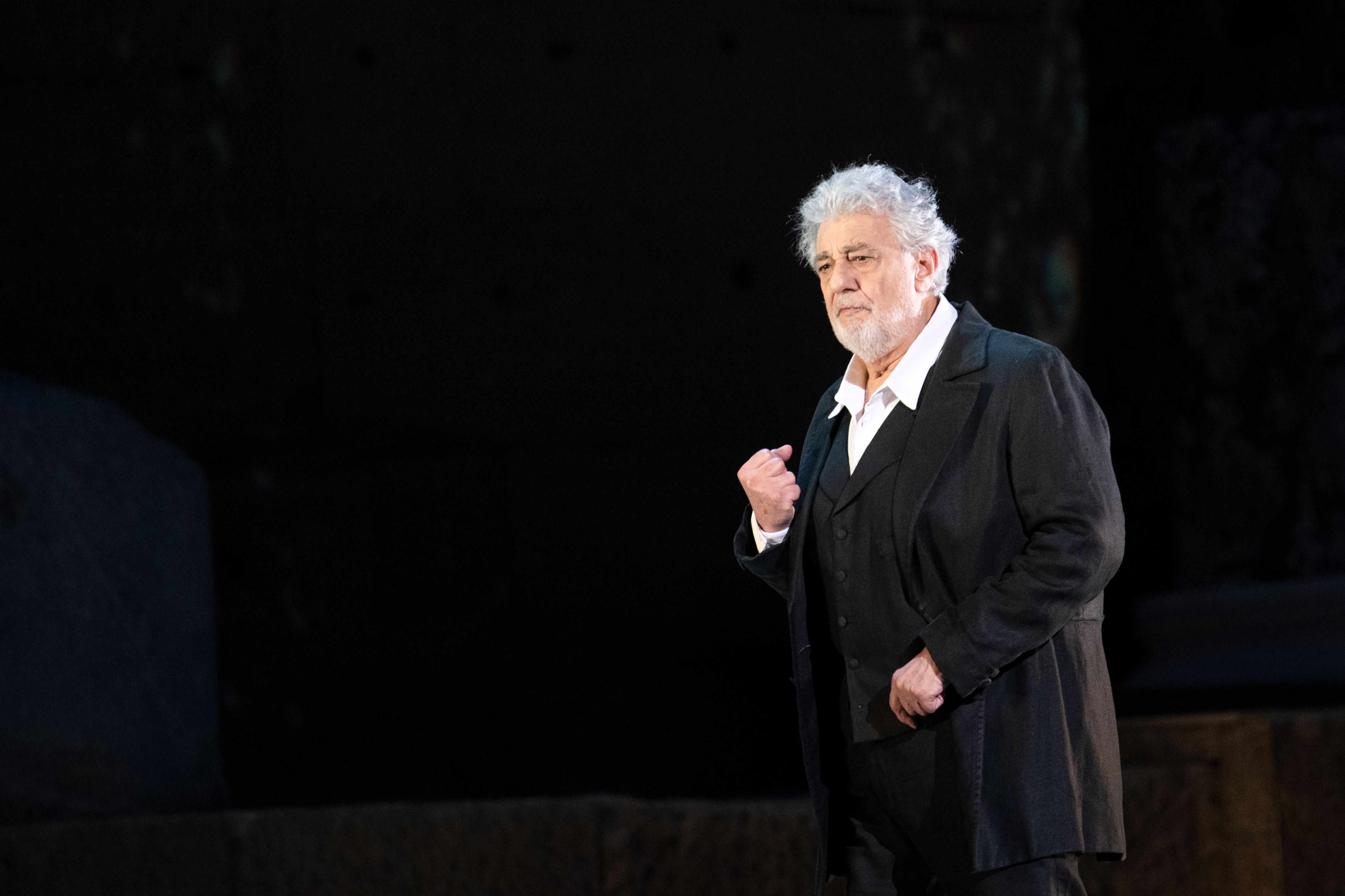 Opera singer Placido Domingo performs on stage during the dress rehearsal of "Spanish Night" at the Chorégies d'Orange in France on July 5, 2019. (Credit: Christophe Simon / AFP / Getty Images)