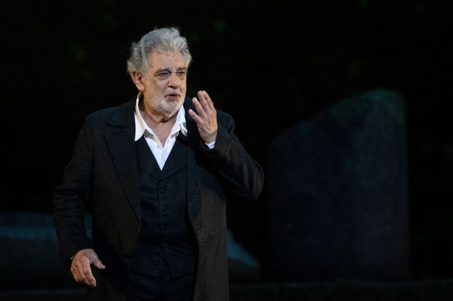 Spanish opera singer Placido Domingo, 78, performs on stage during the dress rehearsal of "Spanish Night" at the 150th Choregie in Orange on July 5, 2019. (Credit: CHRISTOPHE SIMON/AFP/Getty Images)