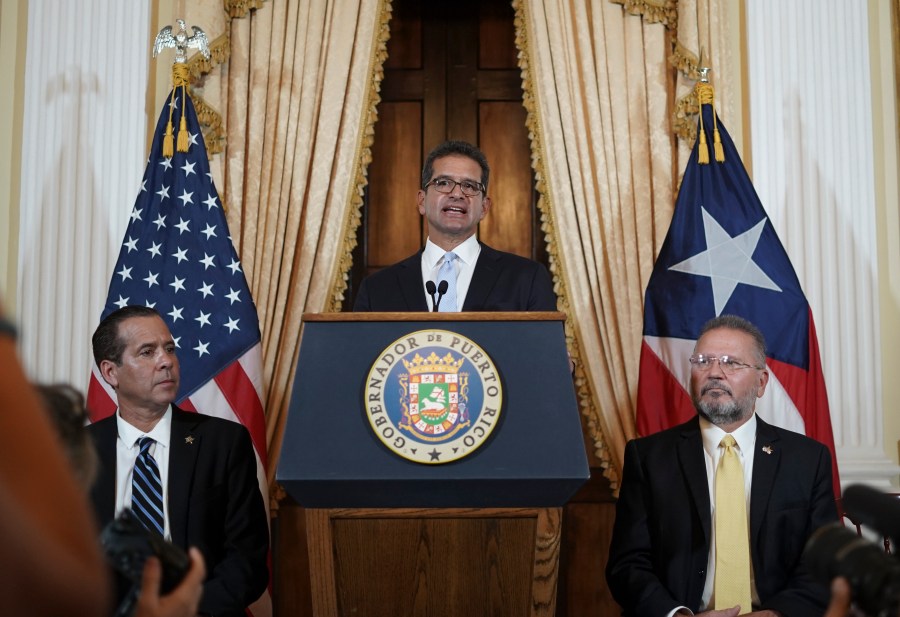 Pedro Pierluisi holds a press conference after being sworn in as governor of Puerto Rico in San Juan, Puerto Rico on, Aug. 2, 2019. (Credit: ERIC ROJAS/AFP/Getty Images)