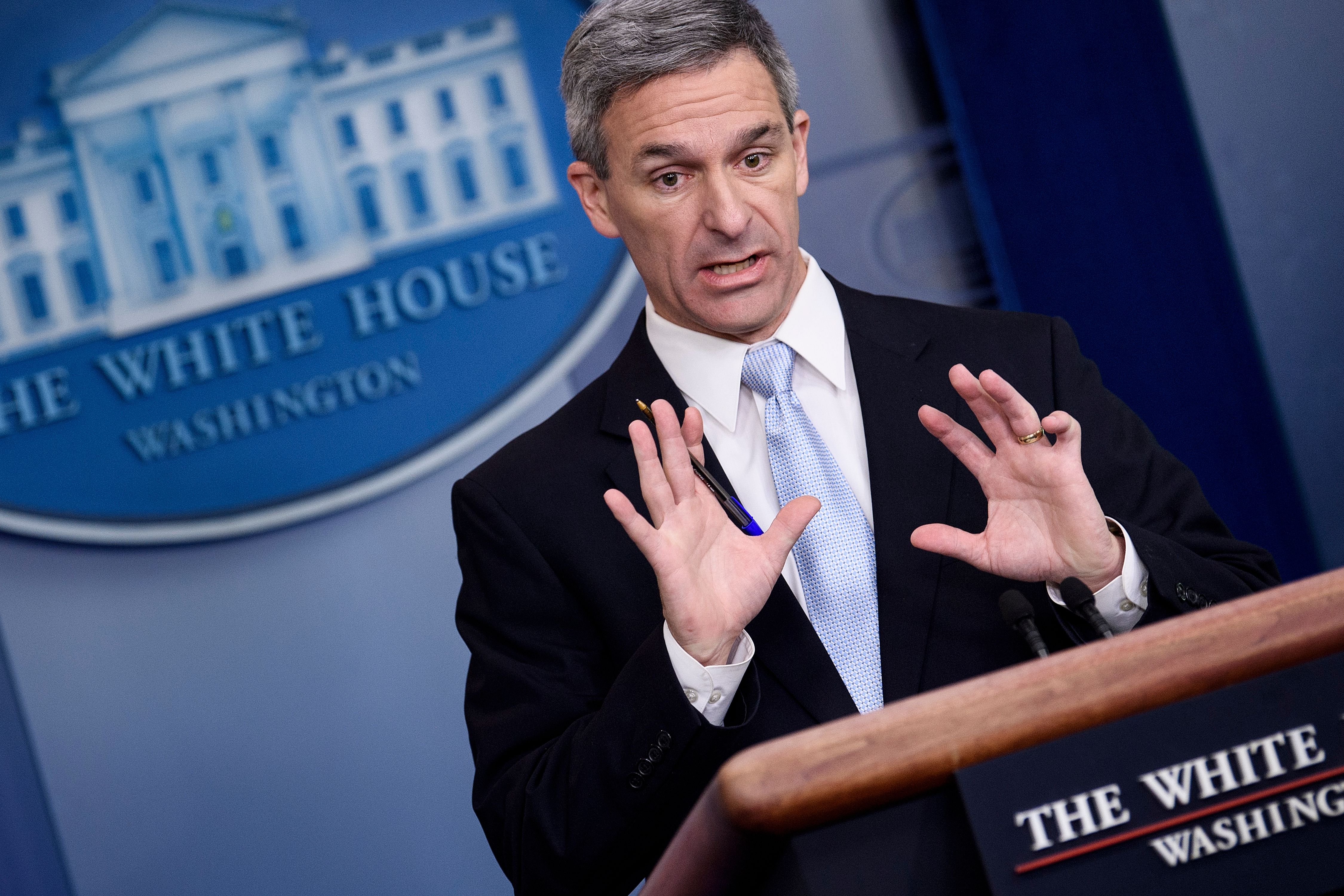 Acting Director of the U.S. Citizenship and Immigration Services Ken Cuccinelli speaks during a briefing at the White House Aug. 12, 2019, in Washington, D.C. (Credit: BRENDAN SMIALOWSKI/AFP/Getty Images)