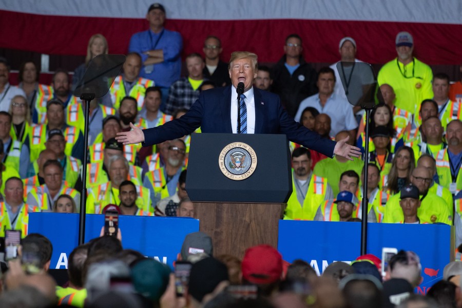 President Donald Trump speaks to 5000 contractors at the Shell Chemicals Petrochemical Complex on August 13, 2019 in Monaca, Pennsylvania. (Credit: Jeff Swensen/Getty Images)