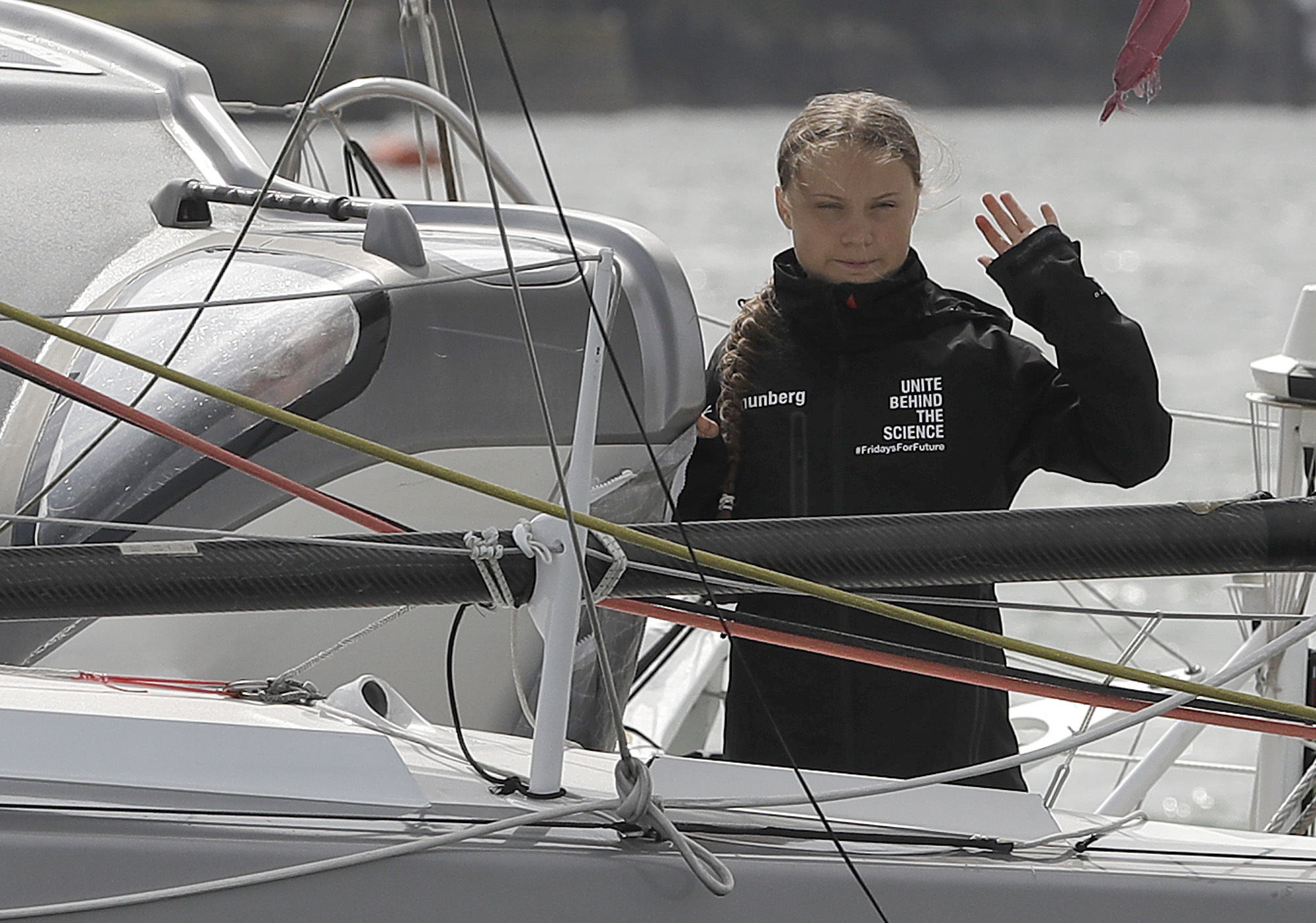 Climate change activist Greta Thunberg sets sail for New York in the 60ft Malizia II yacht from Mayflower Marina, on August 14, 2019 in Plymouth, England. (Credit: Kirsty Wigglesworth - WPA Pool/Getty Images)