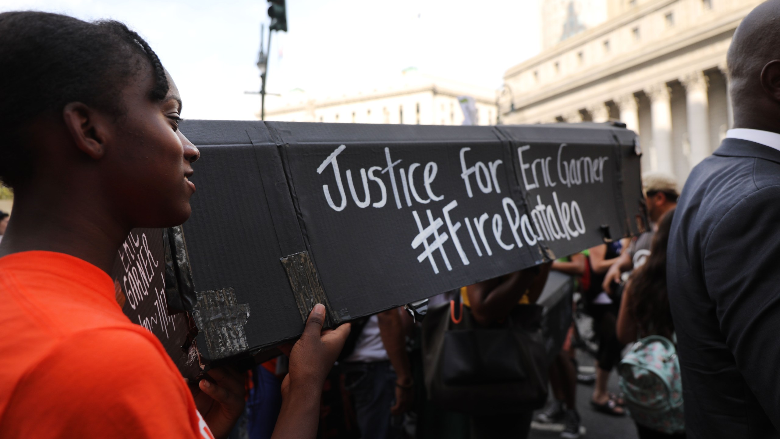 People participate in a protest to mark the five year anniversary of the death of Eric Garner during a confrontation with a police officer in the borough of Staten Island on July 17, 2019 in New York City. (Credit: Spencer Platt/Getty Images)