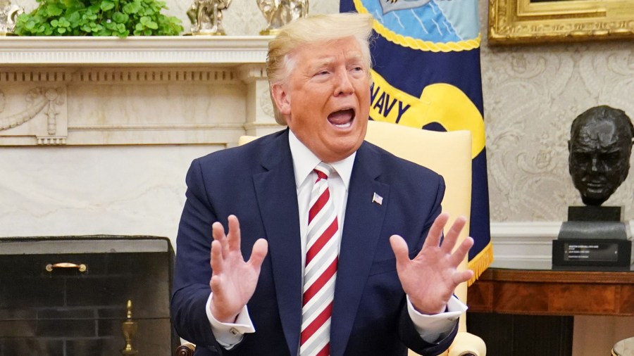 Donald Trump speaks during a meeting with Romania's President Klaus Iohannis in the Oval Office of the White House in Washington, DC on August 20, 2019. (Credit: MANDEL NGAN/AFP/Getty Images)