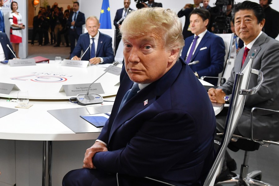 Donald Trump attends the first working session of the G-7 Summit on Aug. 25, 2019, in Biarritz, France. (Jeff J Mitchell - Pool /Getty Images)