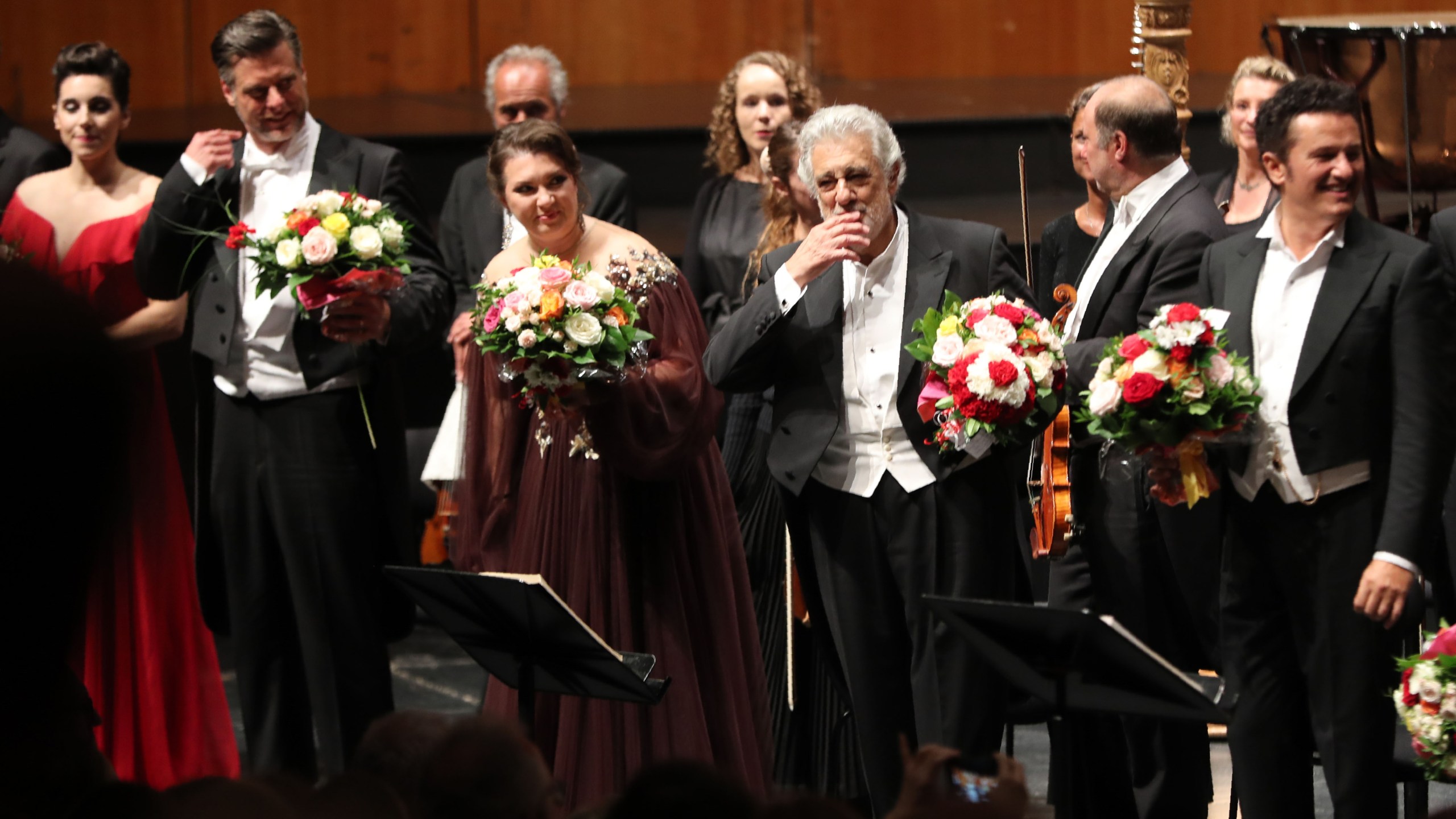 Spanish opera singer Placido Domingo, center, performs at the Salzburg Festival on Aug. 25, 2019 in Austria. (Credit: FRANZ NEUMAYR/AFP/Getty Images)