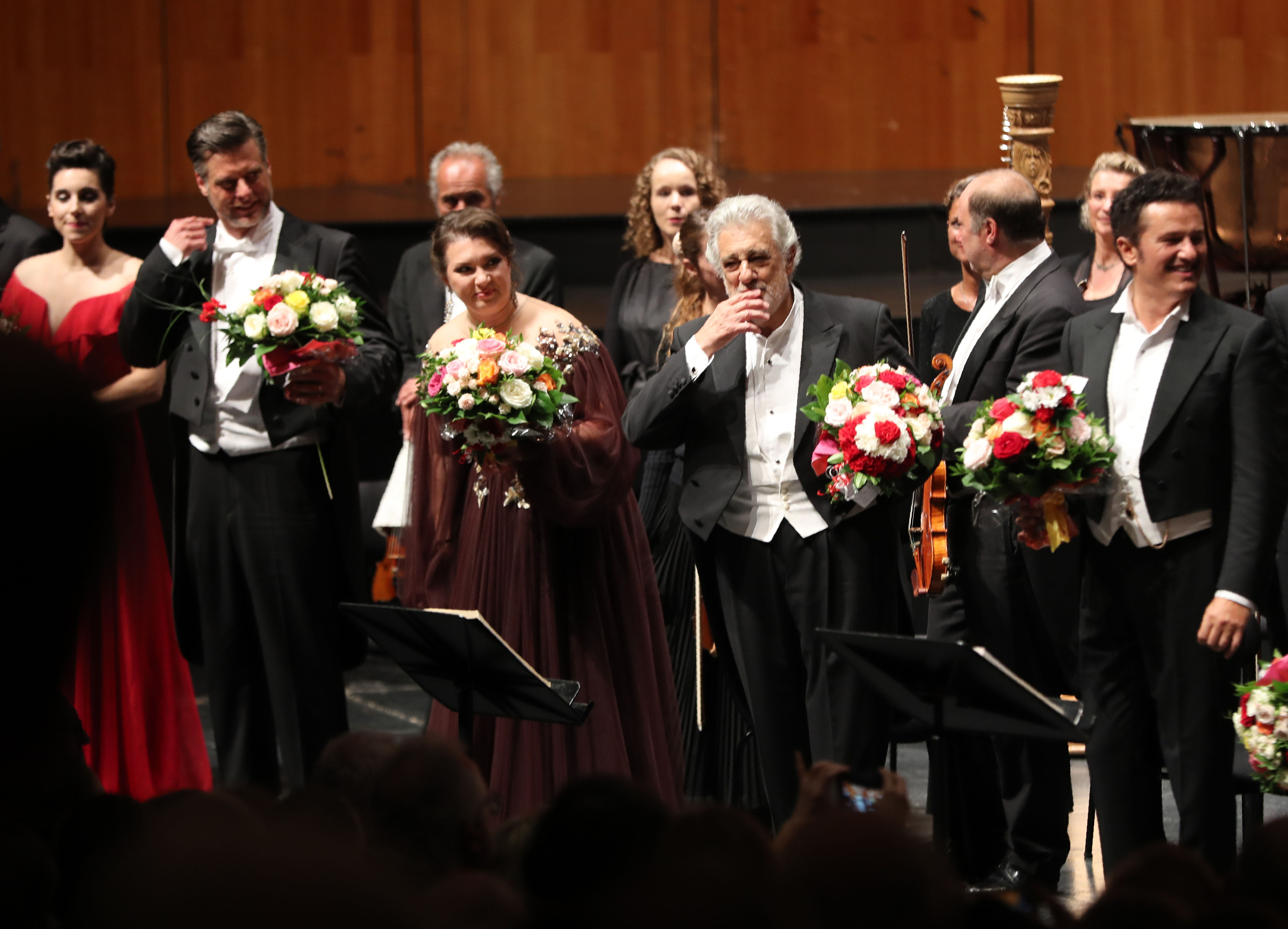 Spanish opera singer Placido Domingo, center, performs at the Salzburg Festival on Aug. 25, 2019 in Austria. (Credit: FRANZ NEUMAYR/AFP/Getty Images)