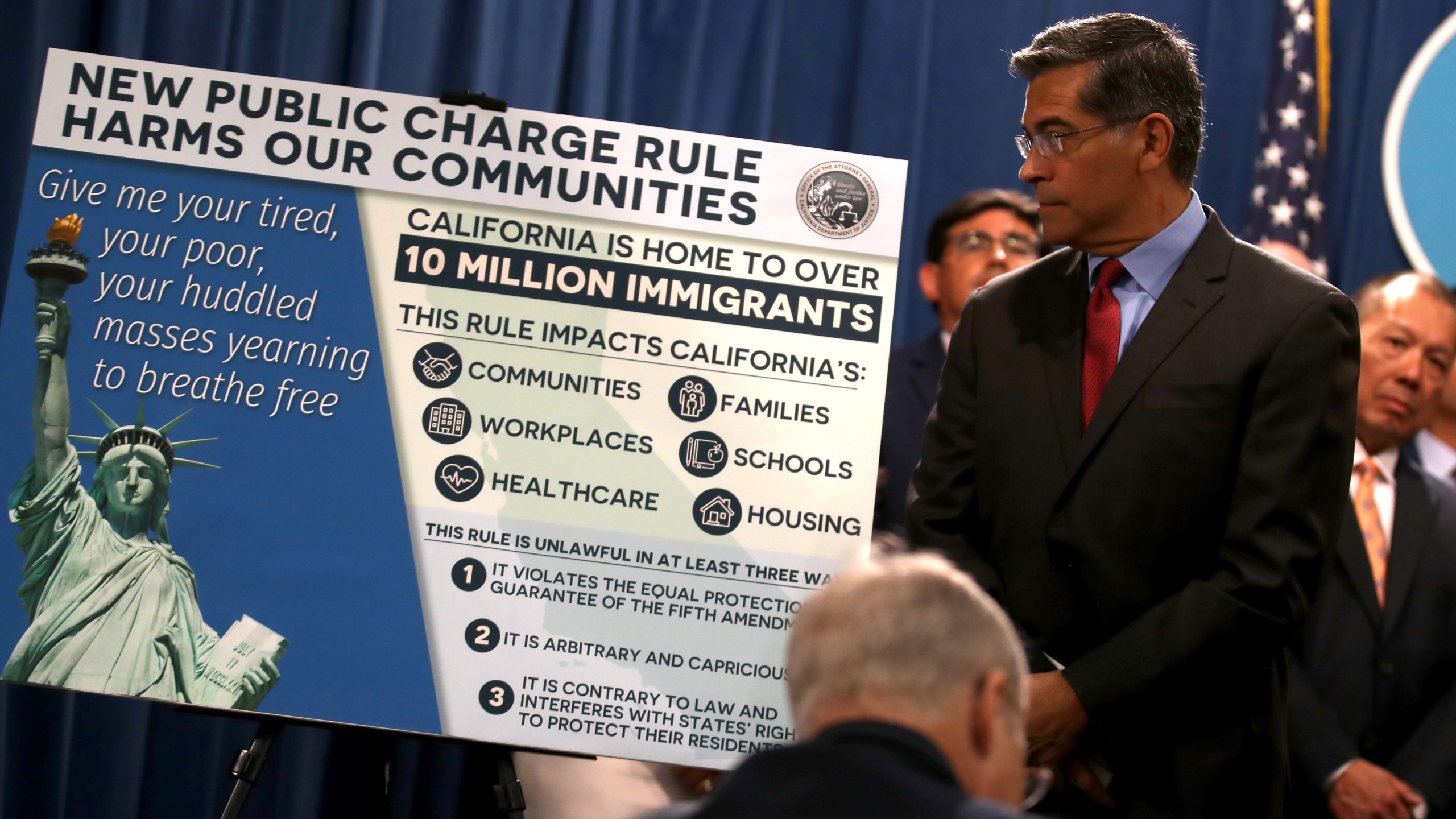 California Attorney General Xavier Becerra looks at a poster displayed during a news conference with Gov. Gavin Newsom at the State Capitol on Aug. 16, 2019 in Sacramento. (Credit: Justin Sullivan/Getty Images)