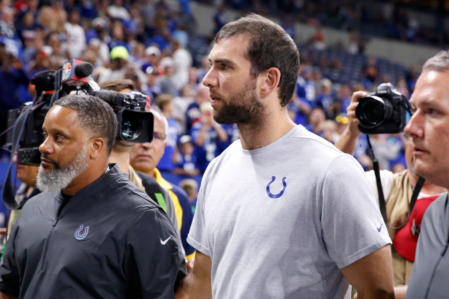 Andrew Luck walks off the field after the Indianapolis Colts pre-season game against the Chicago Bears after it was reported that he would be retiring at Lucas Oil Stadium on Aug. 24, 2019 in Indianapolis, Indiana. (Credit: Justin Casterline/Getty Images)