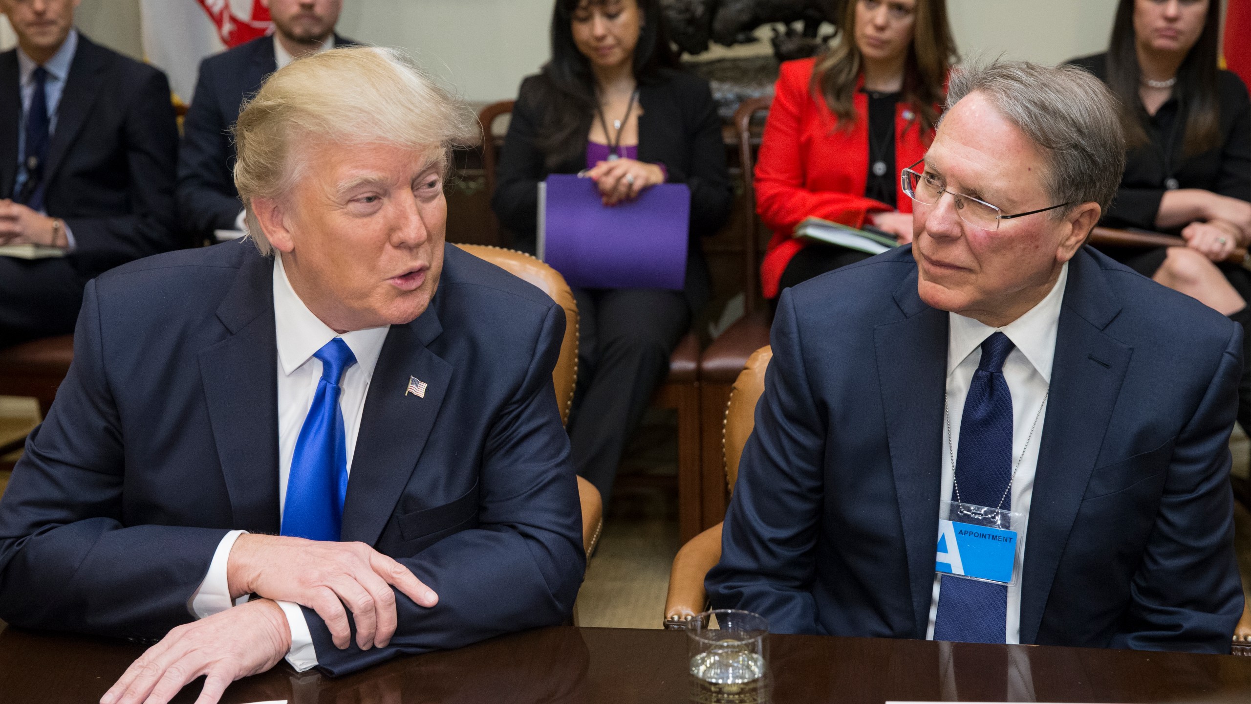 President Donald Trump sits beside CEO of the National Rifle Association Wayne LaPierre, during a meeting on Trump's nomination of Neil Gorsuch to the Supreme Court in the Roosevelt Room of the White House on Feb. 1, 2017. (Credit: Michael Reynolds - Pool/Getty Images)