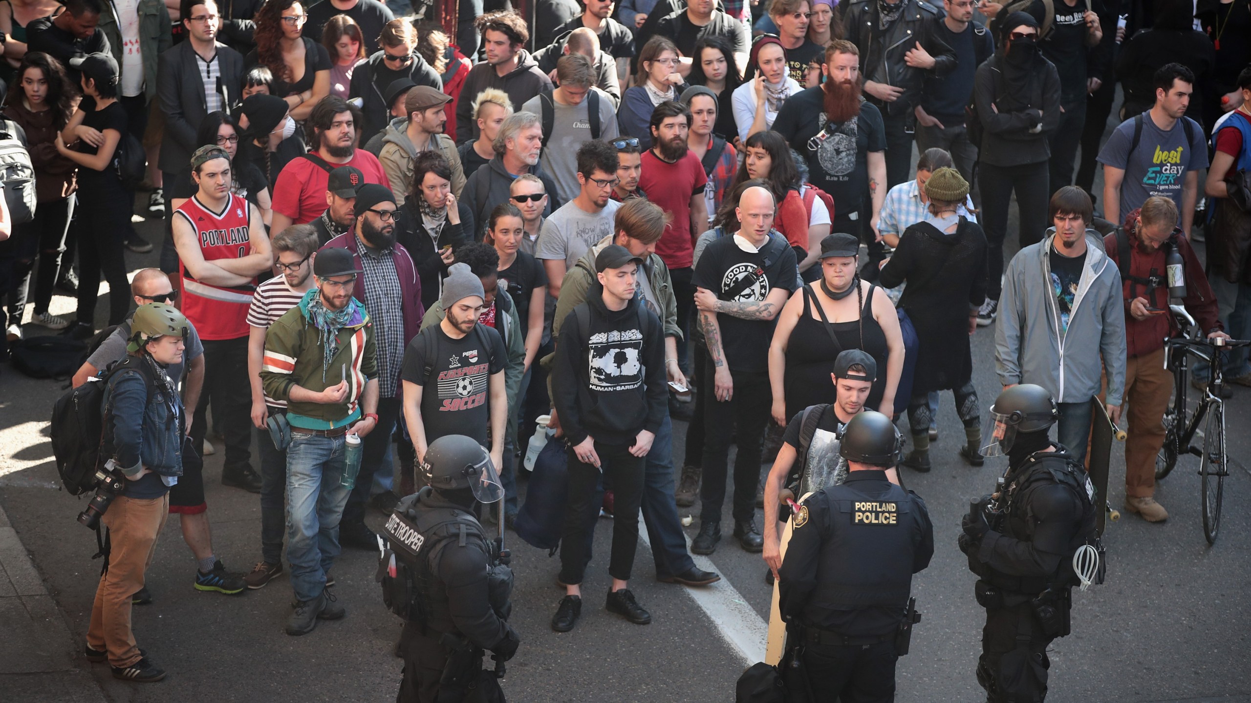 Police detain hundreds of demonstrators "on suspicion of disorderly conduct" during a protest on June 4, 2017 in Portland, Oregon. (Credit: Scott Olson/Getty Images)