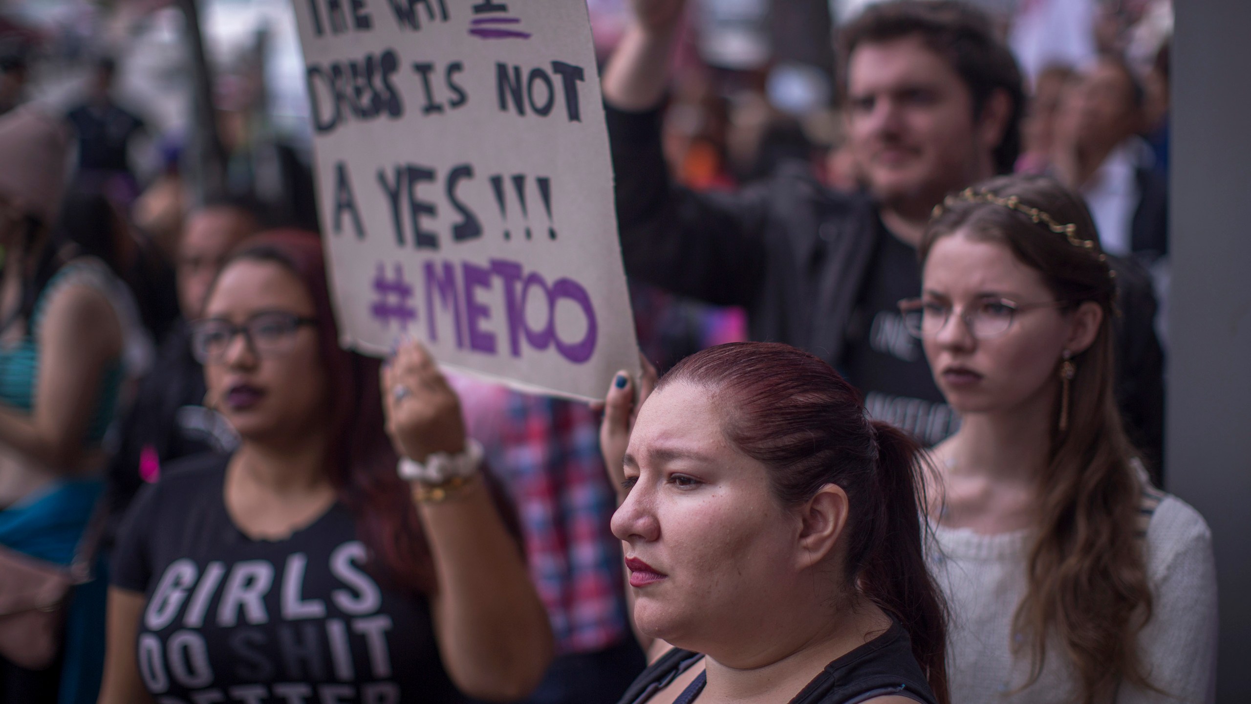 Demonstrators participate in the #MeToo Survivors' March outside the CNN building in response to several high-profile sexual harassment scandals on Nov. 12, 2017, in Los Angeles. (Credit: David McNew/Getty Images)