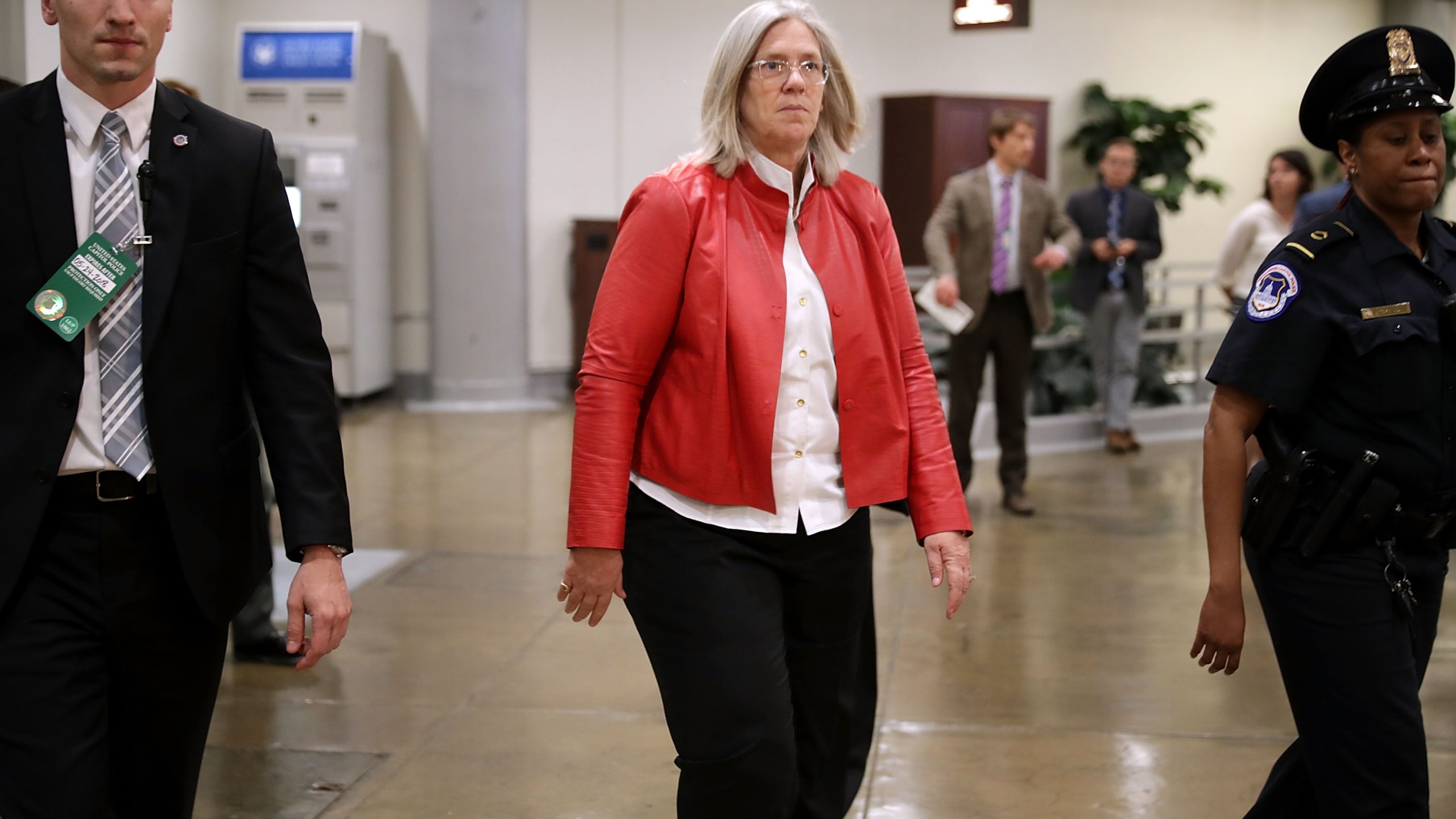 Principal Deputy Director of National Intelligence Sue Gordon (center) arrives to brief members of the so-called "Gang of Eight" at the U.S. Capitol May 24, 2018. (Credit: Chip Somodevilla/Getty Images)