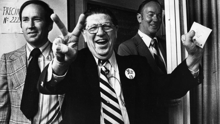 Howard Jarvis, the iconic sponsor of Proposition 13, on election day in June 1978.(Credit: Los Angeles Times)