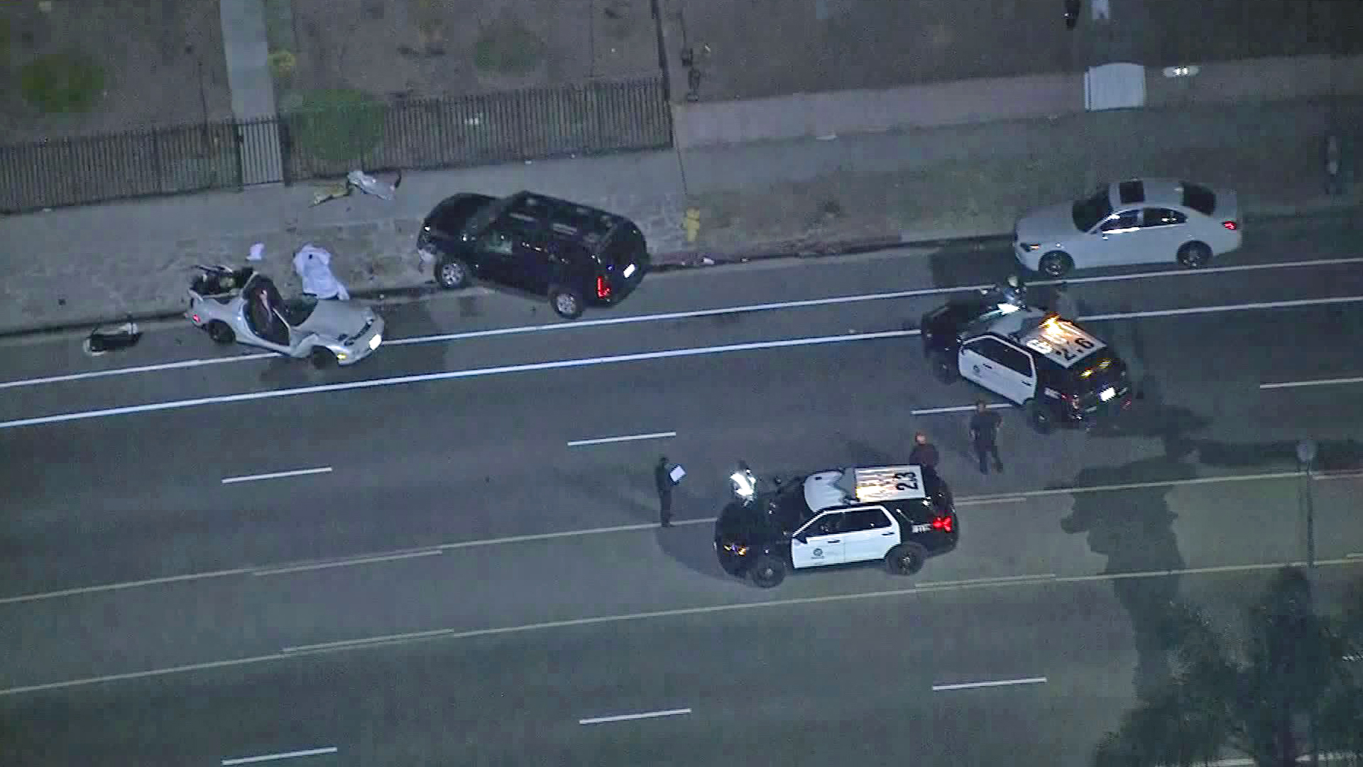 One person was killed and another was injured after a street-racing crash in the Mission Hills area on Aug. 6, 2019. (Credit: KTLA)