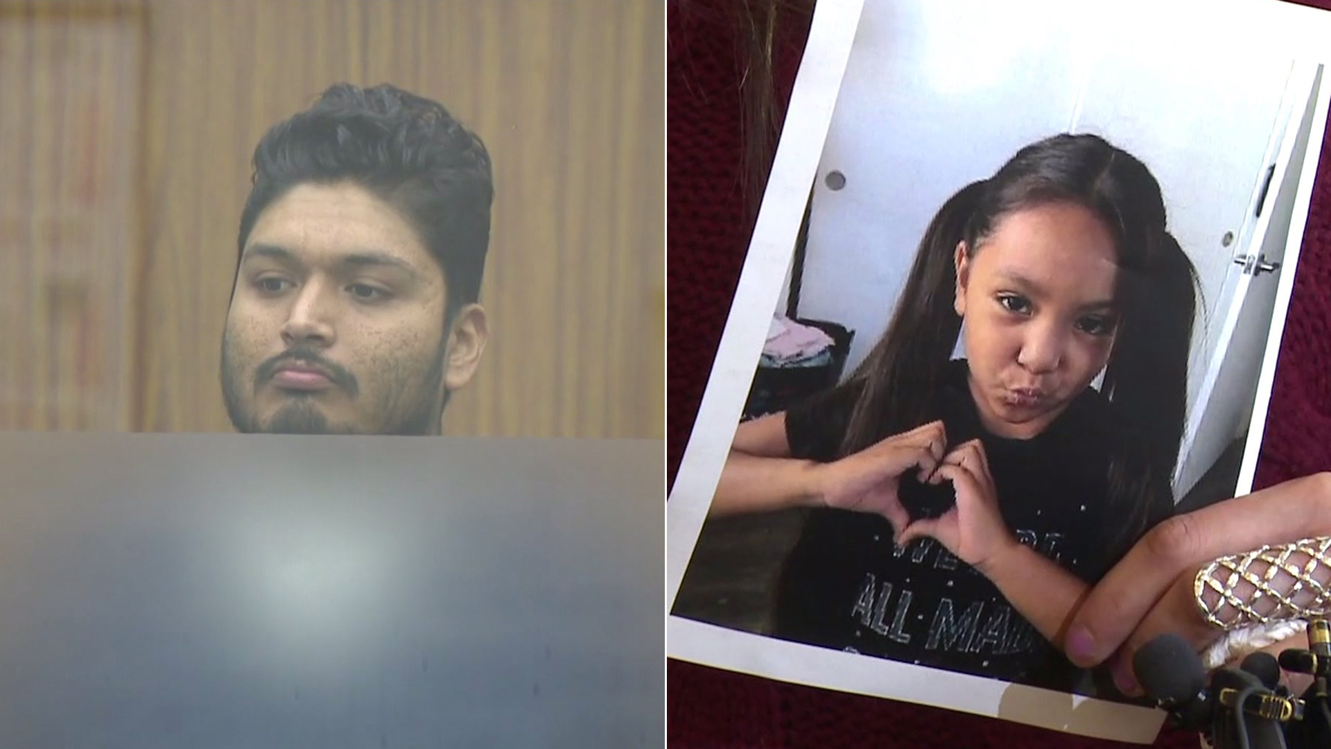 Pedro Araujo, left, appears in a San Diego County courtroom on Aug. 6, 2019. At right, a relative holds a picture of his slain daughter Mariah Araujo at a press conference on July 31, 2019. (Credit: KTLA)