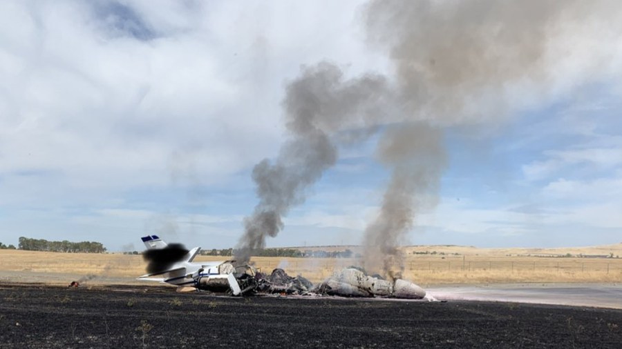 The scene where a jet burst into flames after aborting a takeoff in Oroville on Aug. 21, 2019, is seen in a photo released by the California Highway Patrol.