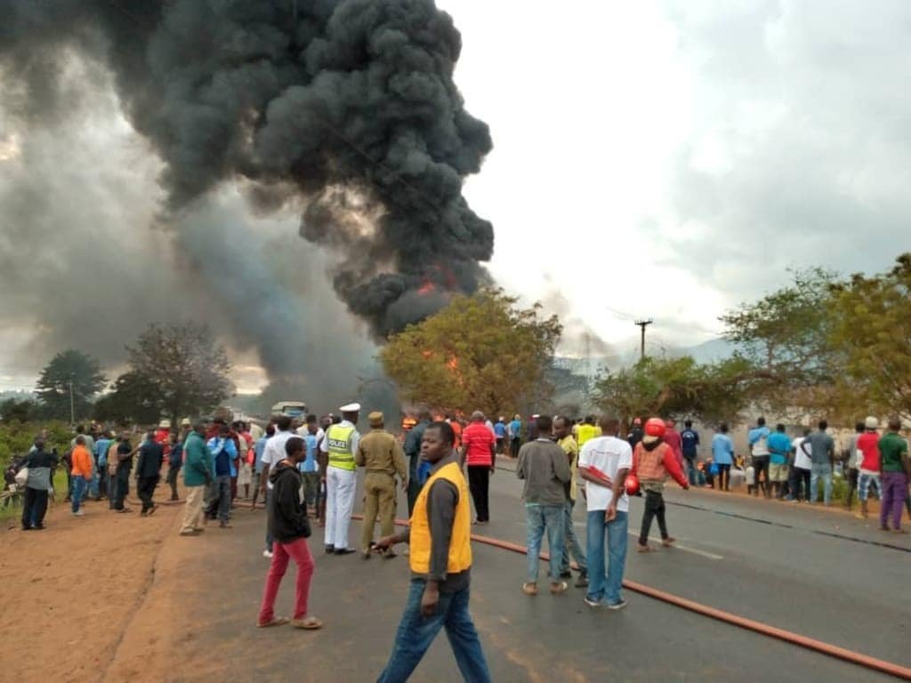 An oil tanker explosion is seen in Tanzania on Aug. 10, 2019. (Credit: Hussein Michuzi/ CNN)