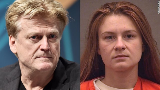 Former Overstock CEO Patrick Byrne and Maria Butina are seen in undated photos. (Credit: Getty Images, Alexandria Sheriff Office via CNN)