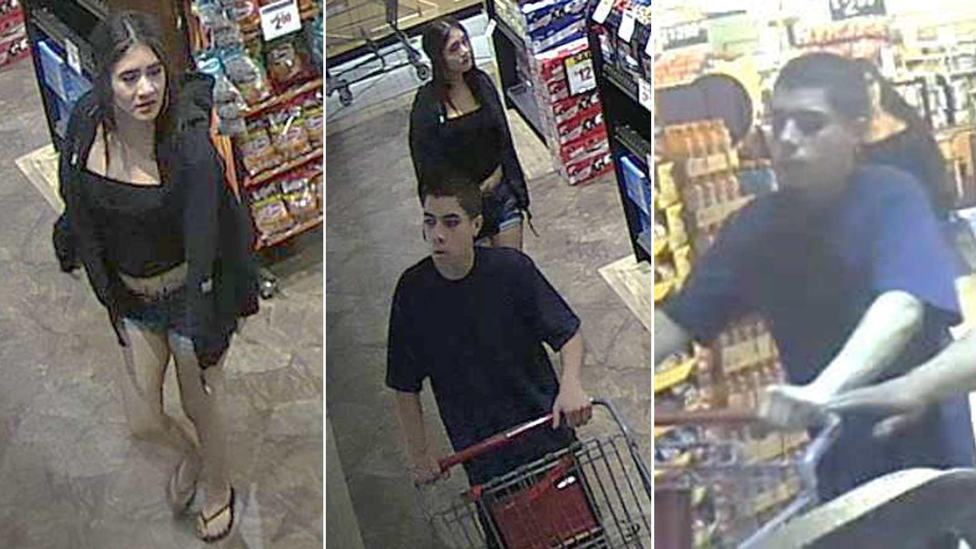 A woman and man sought in connection with a beer robbery at a Victorville grocery store are seen in surveillance images released Aug. 1, 2019, by the San Bernardino County Sheriff's Department.