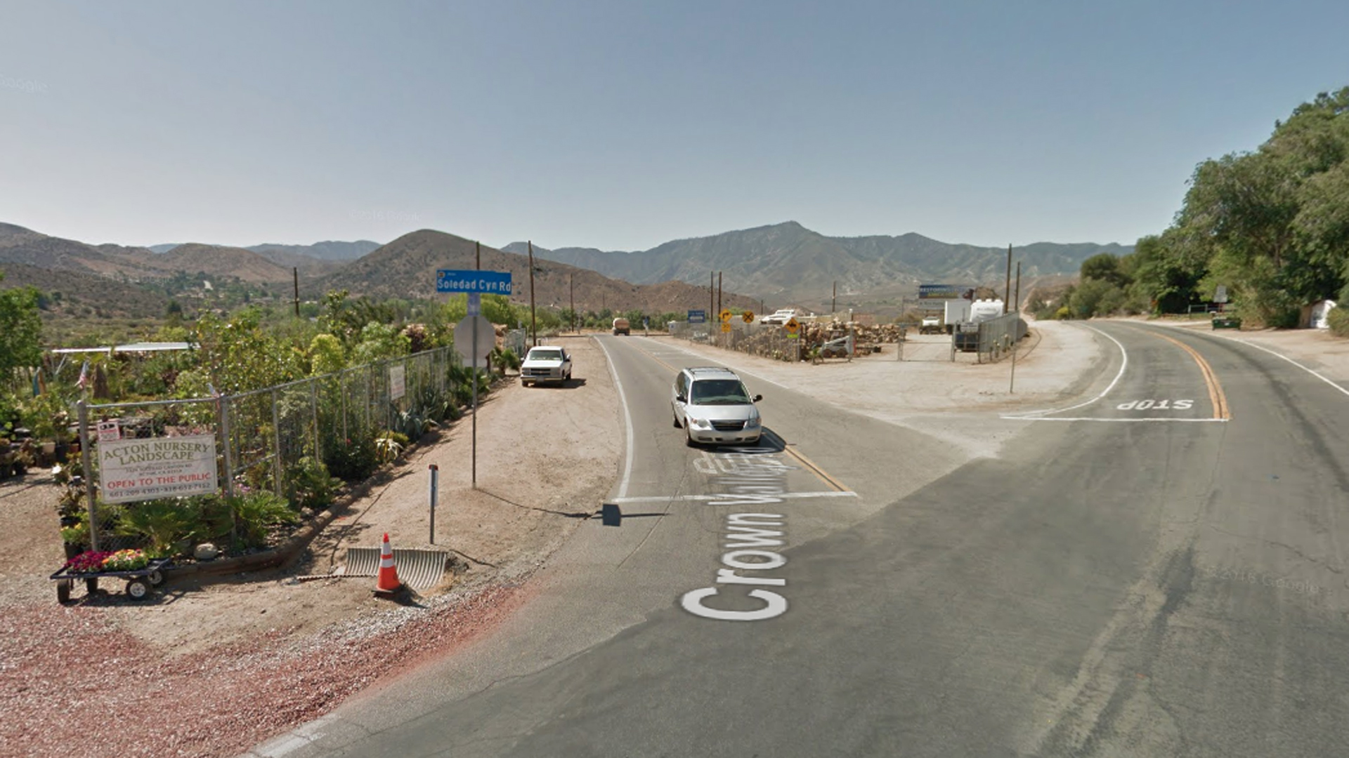 The intersection of Crown Valley Road and Soledad Canyon Road in Acton, as viewed in a Google Street View image.