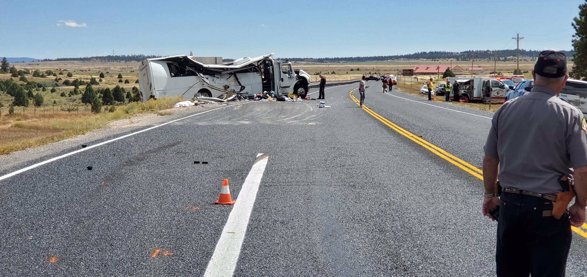 A tour bus crash is shown outside Bryce Canyon National Park on Sept. 20, 2019, in a photo tweeted by the Utah Highway Patrol.