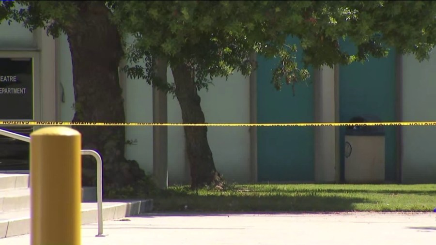 Crime scene tape blocked off a building at Cerritos College on Sept. 3, 2019. (Credit: KTLA)