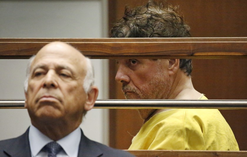 Dr. George Tyndall appears in the Los Angeles County Superior Court of Judge Teresa Sullivan in July 2019 with his attorney Leonard B. Levine, left, for a bail review hearing. (Credit: Al Seib / Los Angeles Times)