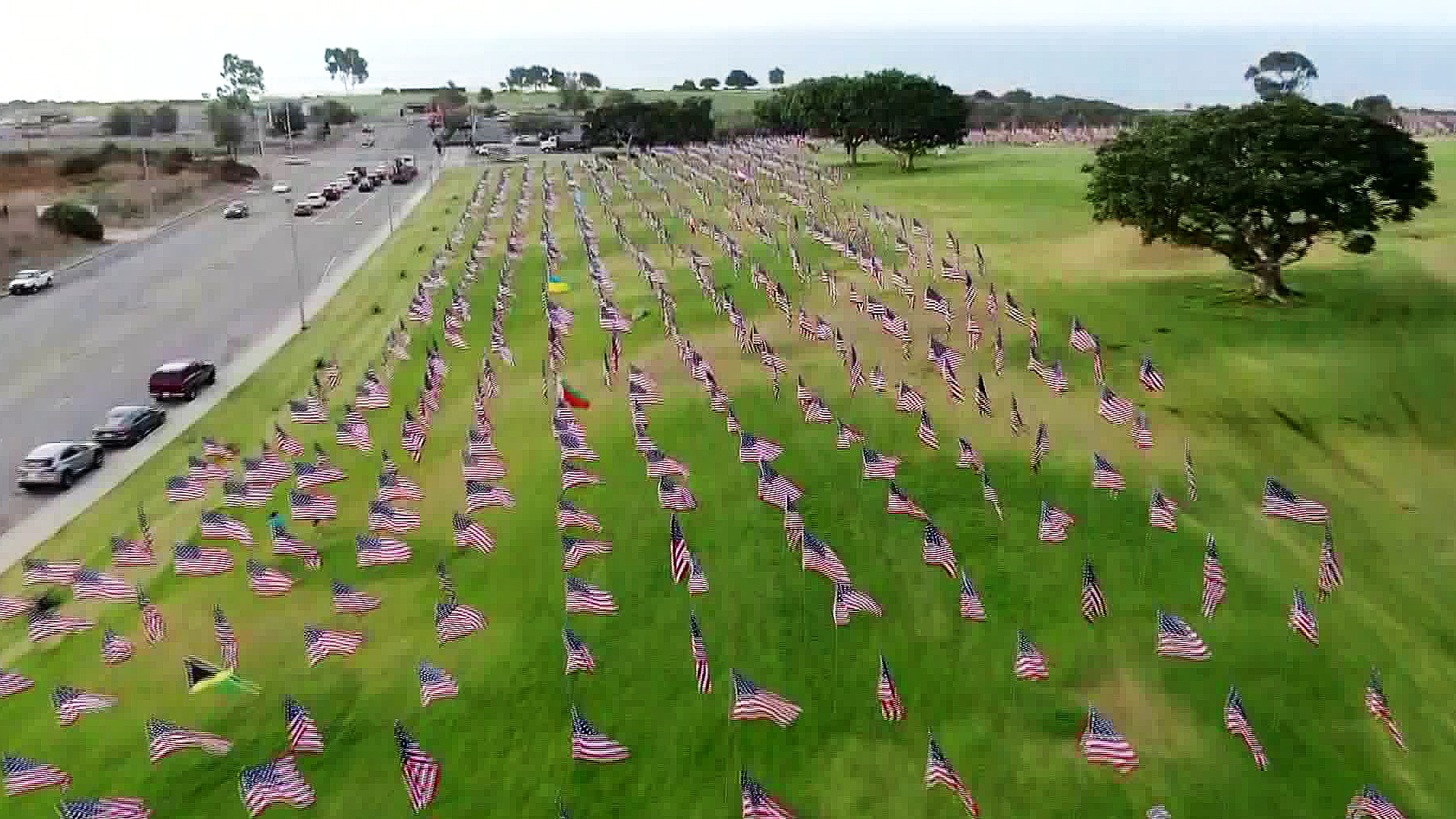 The Waves of Flags tribute to 9/11 victims is seen on Sept. 11, 2019. (Credit: KTLA)