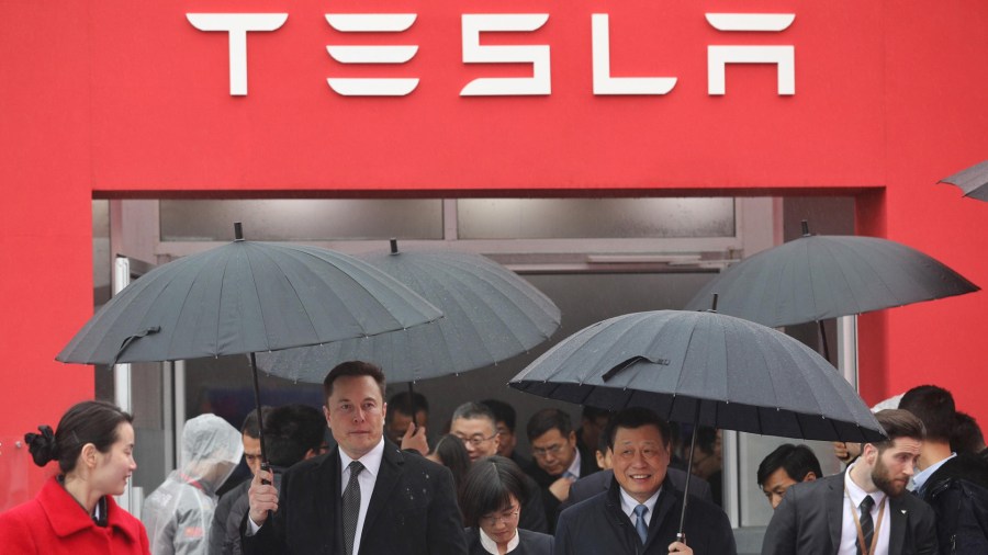 Tesla boss Elon Musk (L) walks with Shanghai Mayor Ying Yong during the ground-breaking ceremony for a Tesla factory in Shanghai on January 7, 2019. (Credit: STR/AFP/Getty Images)